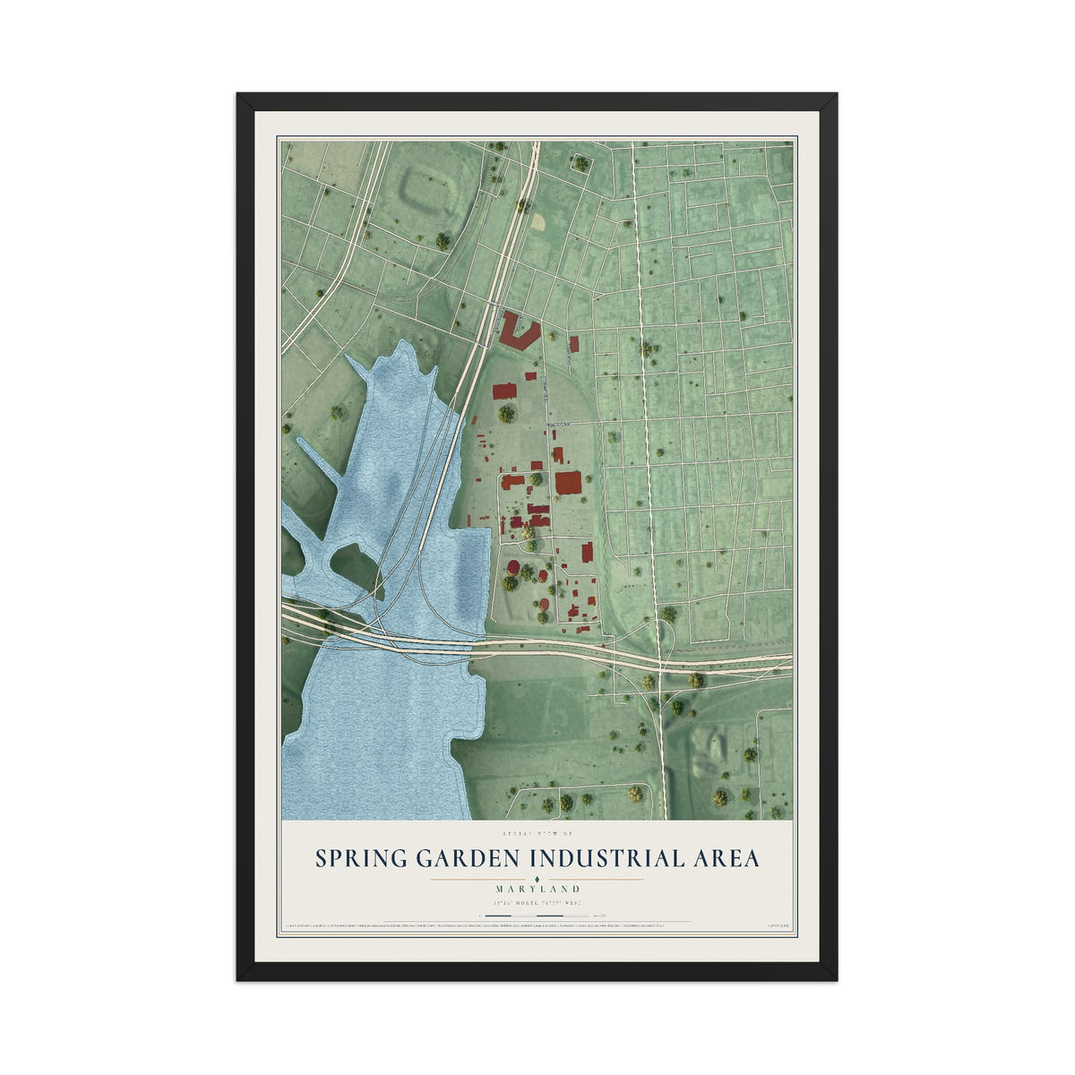 Map of Spring Garden Industrial Area, Maryland, 12 x 18 inch print in a black wood frame