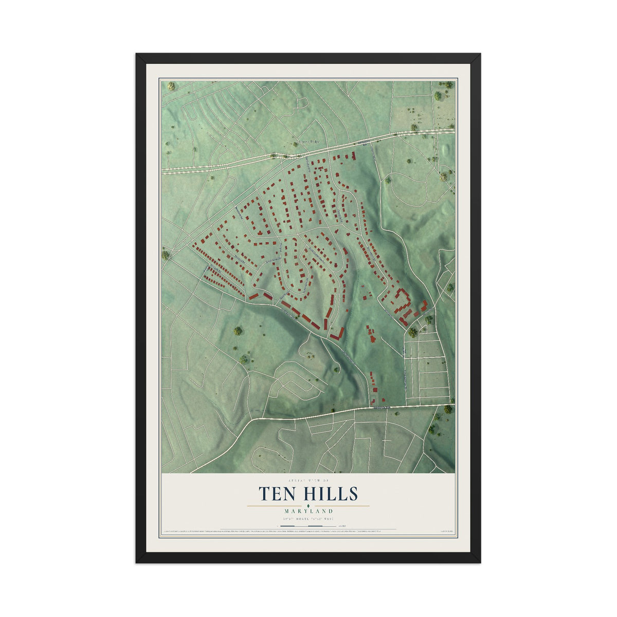 Map of Ten Hills, Maryland, 12 x 18 inch print in a black wood frame