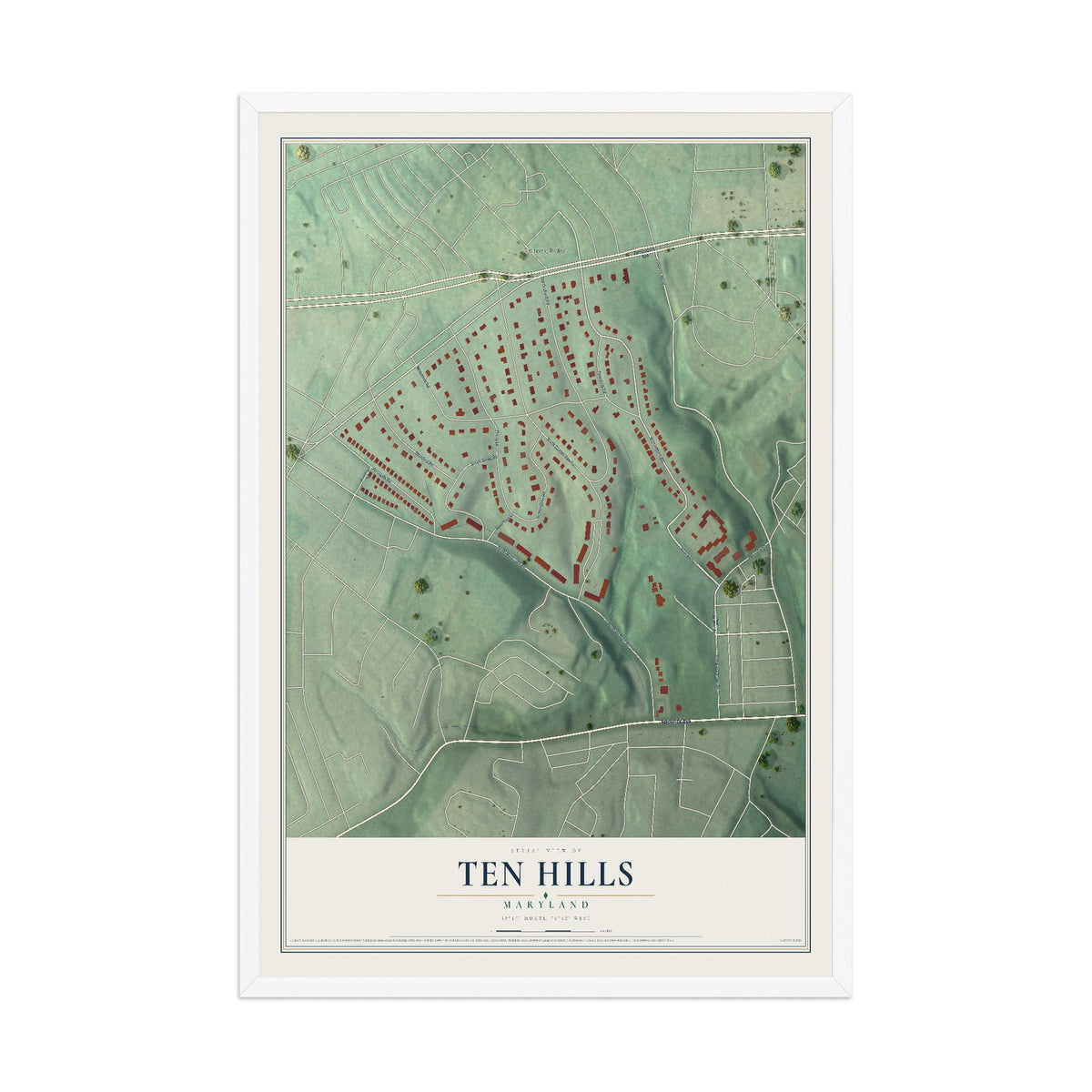 Map of Ten Hills, Maryland, 12 x 18 inch print in a white wood frame