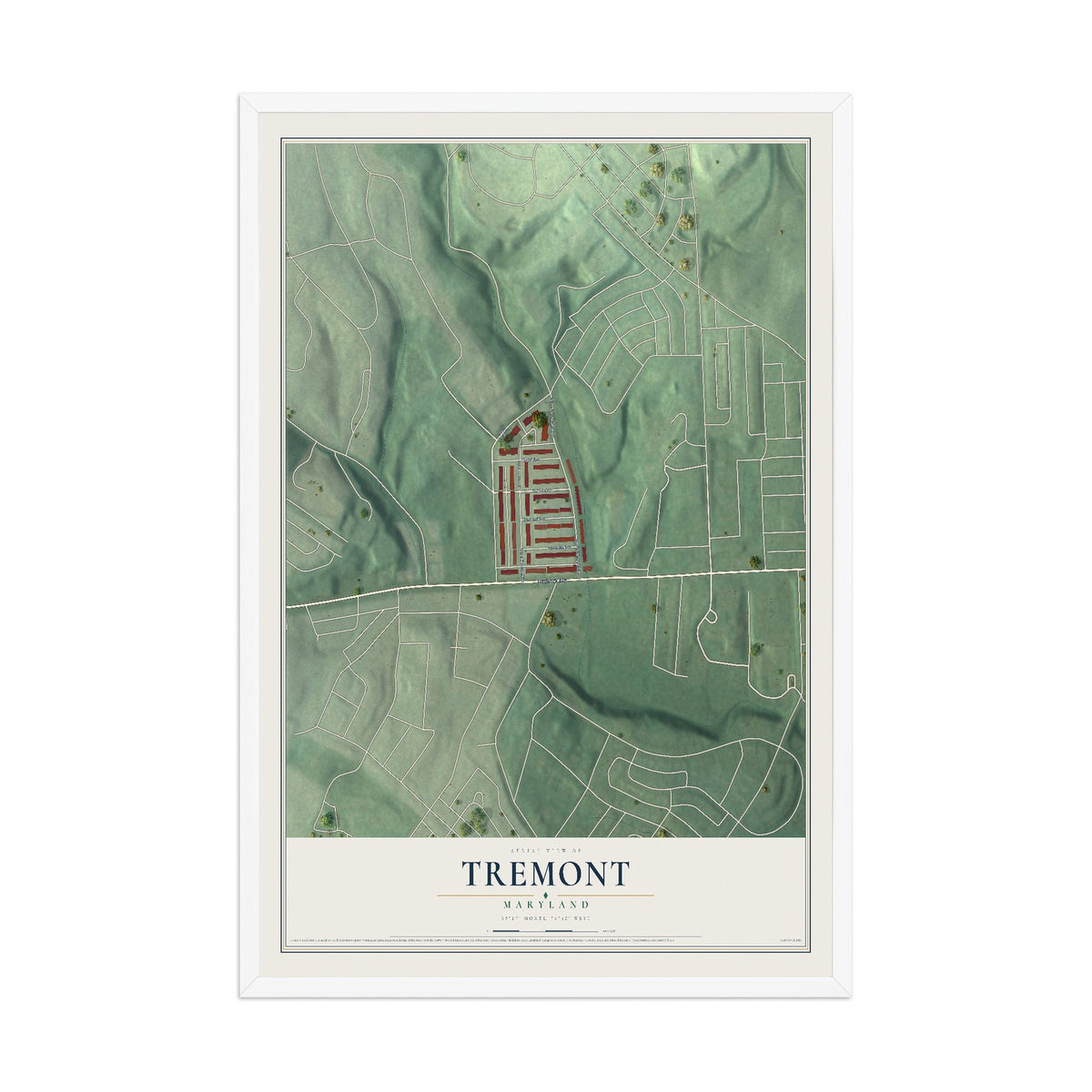 Map of Tremont, Maryland, 12 x 18 inch print in a white wood frame