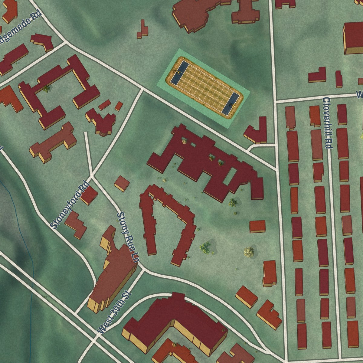 Close-up of the map of Tuscany-Canterbury, Maryland print showing street and building detail
