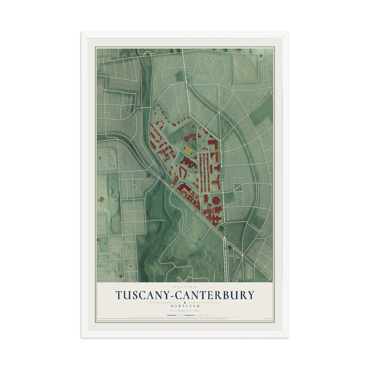 Map of Tuscany-Canterbury, Maryland, 12 x 18 inch print in a white wood frame