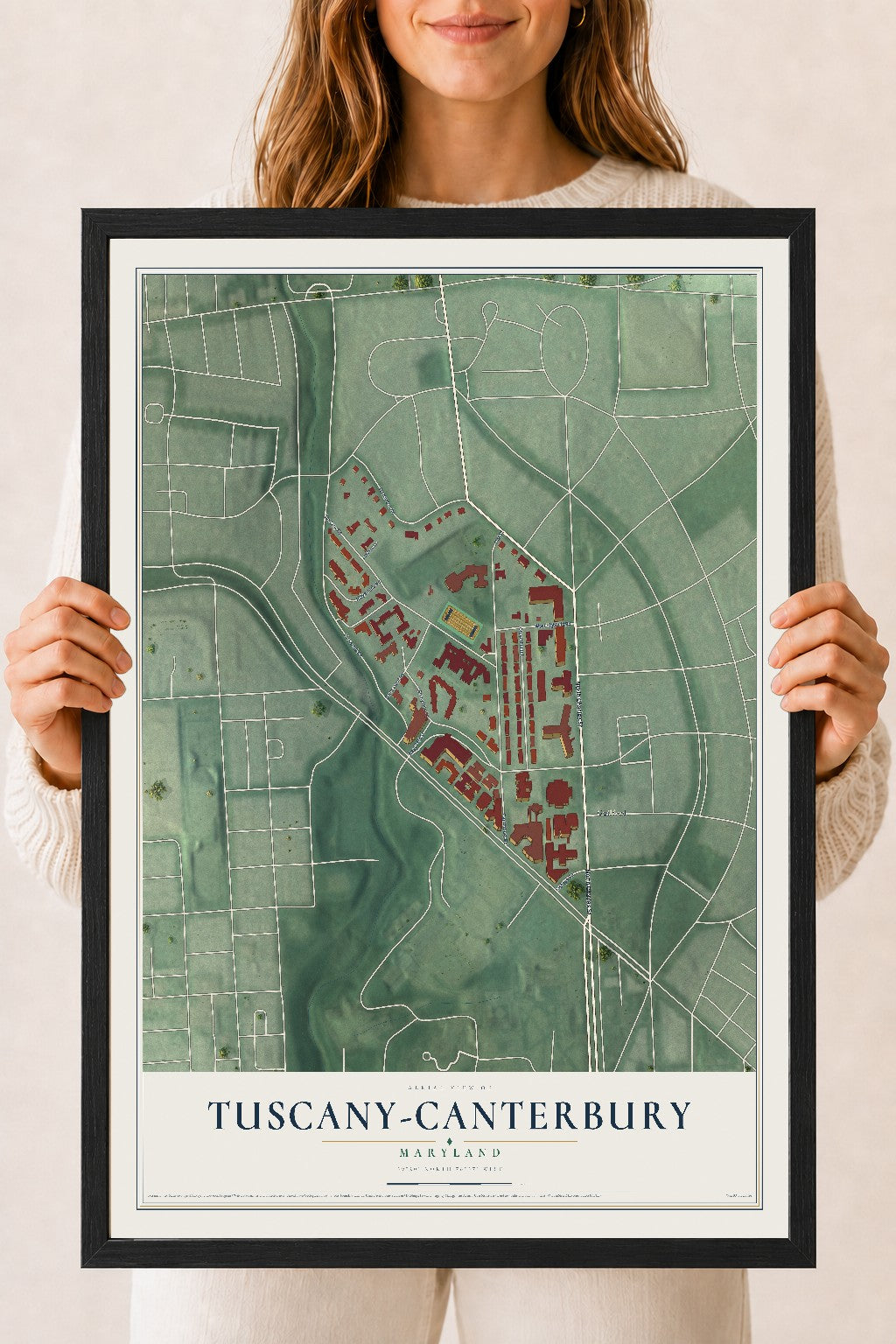 Map of Tuscany-Canterbury, Maryland, 18 x 24 inch print in a black wood frame