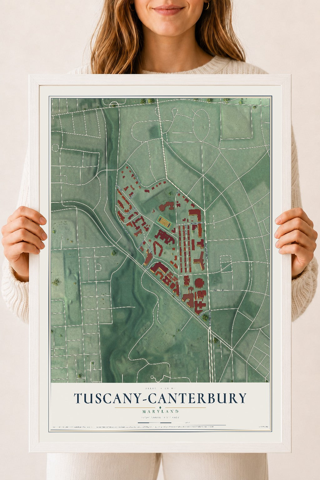 Map of Tuscany-Canterbury, Maryland, 18 x 24 inch print in a white wood frame