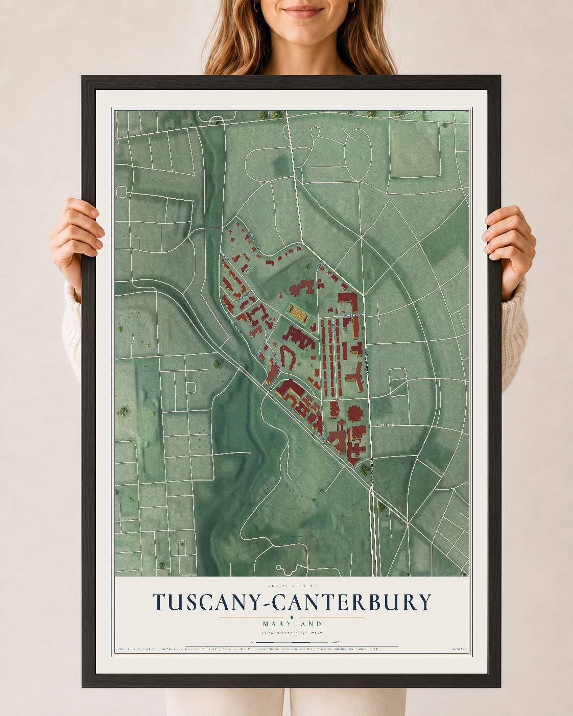 Map of Tuscany-Canterbury, Maryland, 24 x 36 inch print in a black wood frame