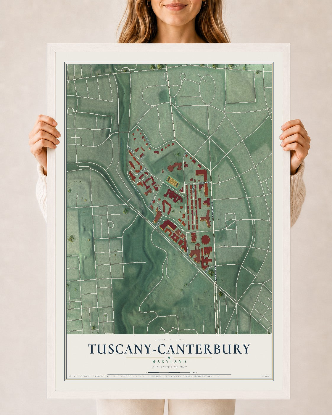 Map of Tuscany-Canterbury, Maryland, 24 x 36 inch print in a white wood frame
