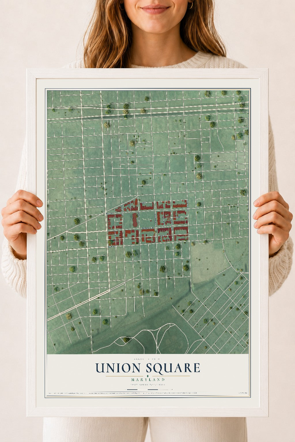 Map of Union Square, Maryland, 18 x 24 inch print in a white wood frame
