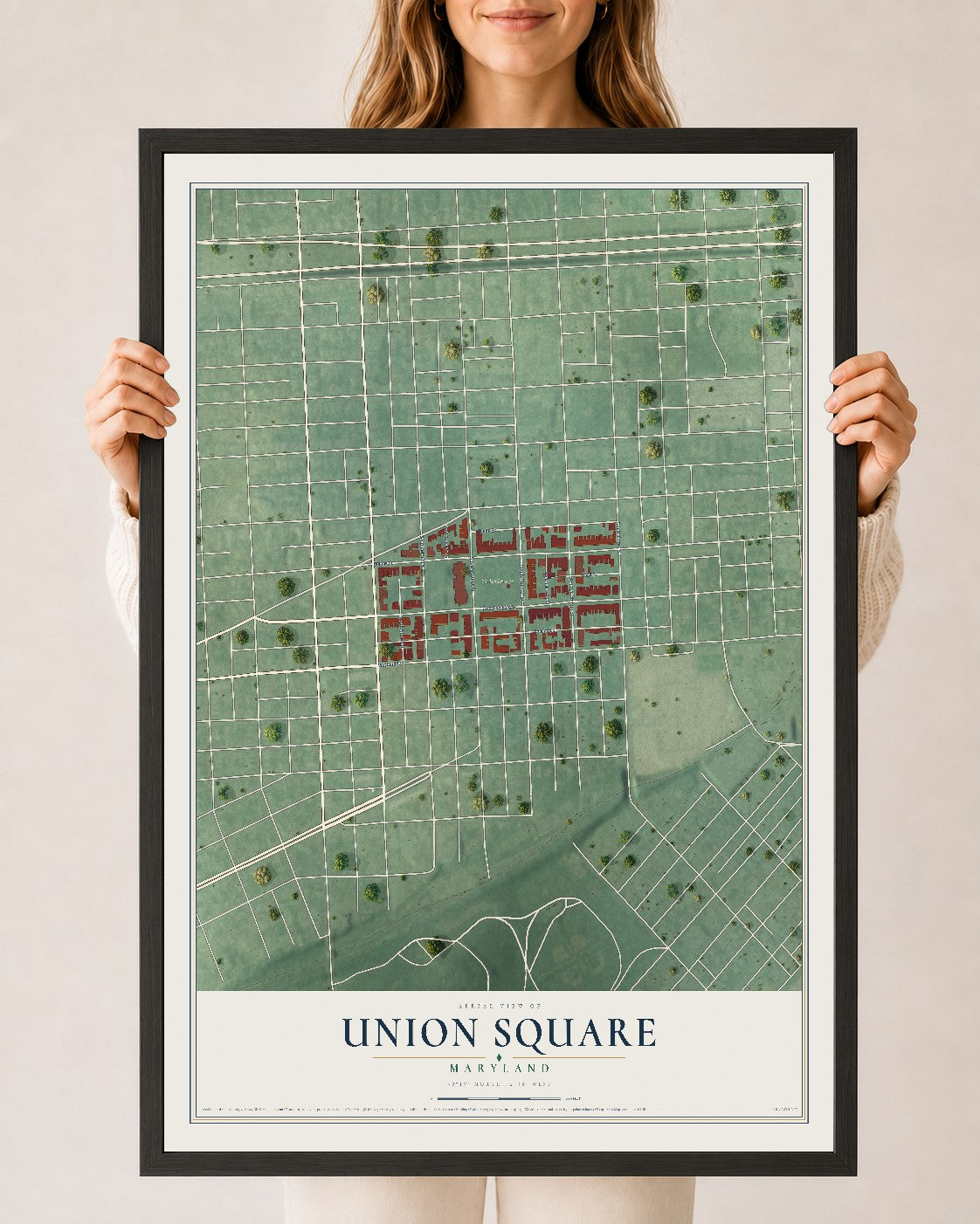 Map of Union Square, Maryland, 24 x 36 inch print in a black wood frame