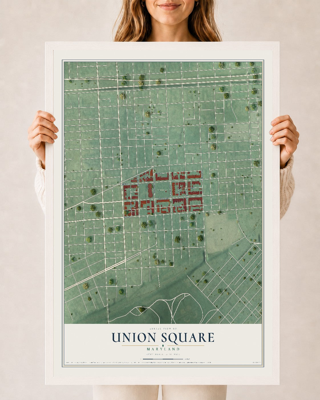 Map of Union Square, Maryland, 24 x 36 inch print in a white wood frame