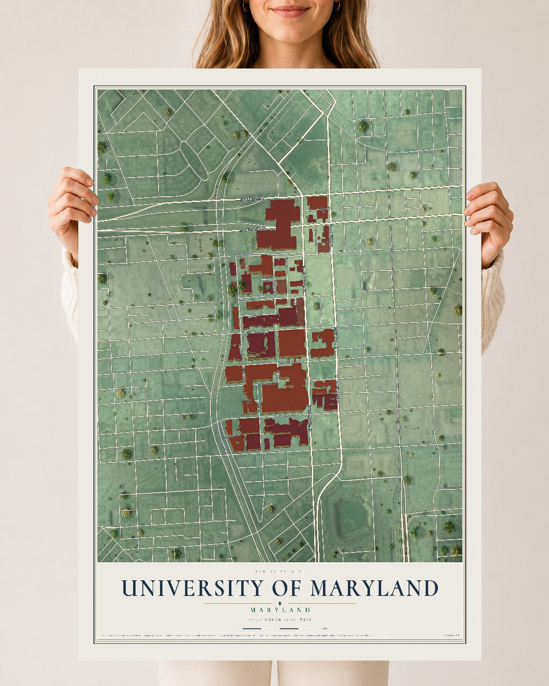 Map of University of Maryland, Maryland, 24 x 36 inch unframed archival matte print