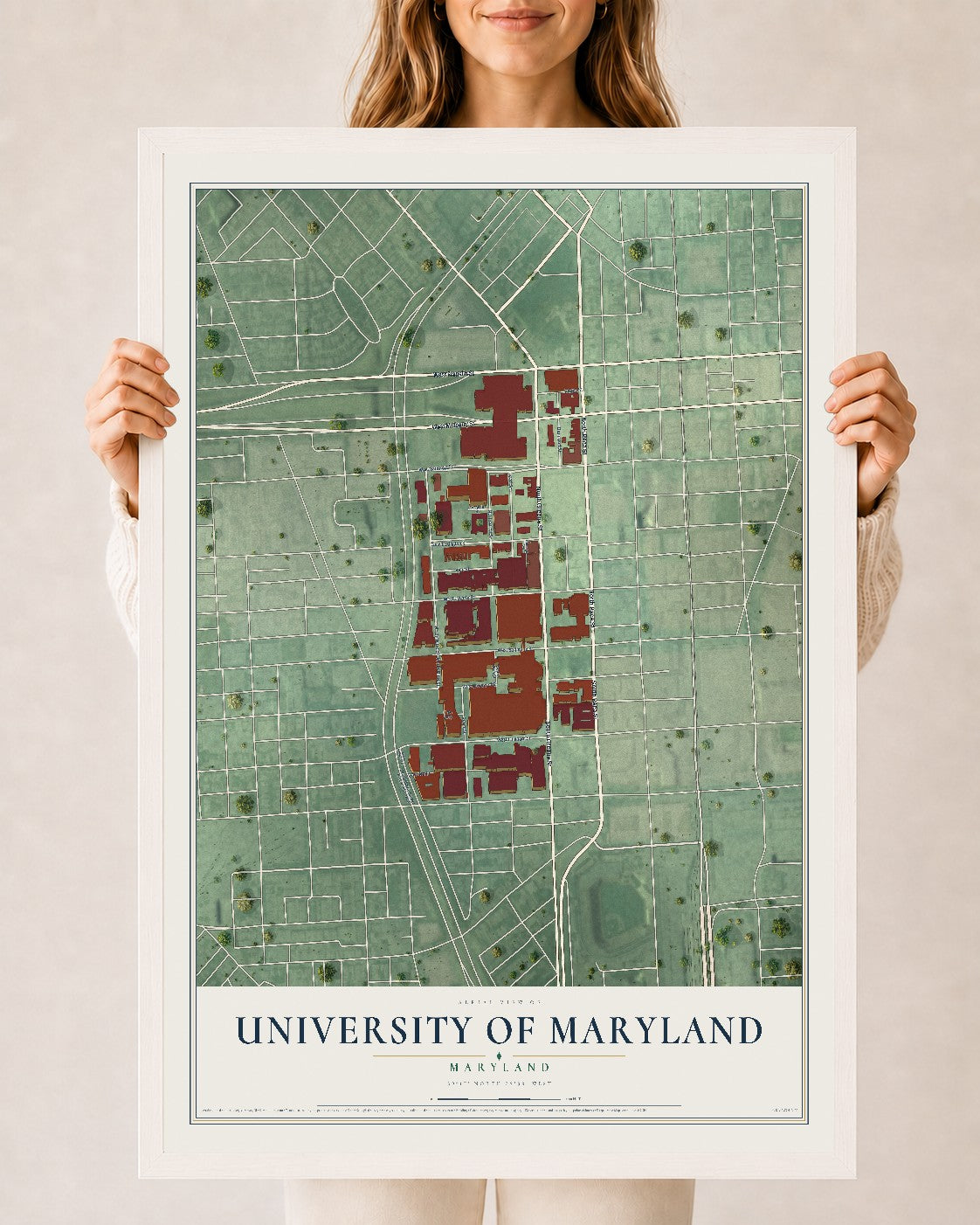 Map of University of Maryland, Maryland, 24 x 36 inch print in a white wood frame