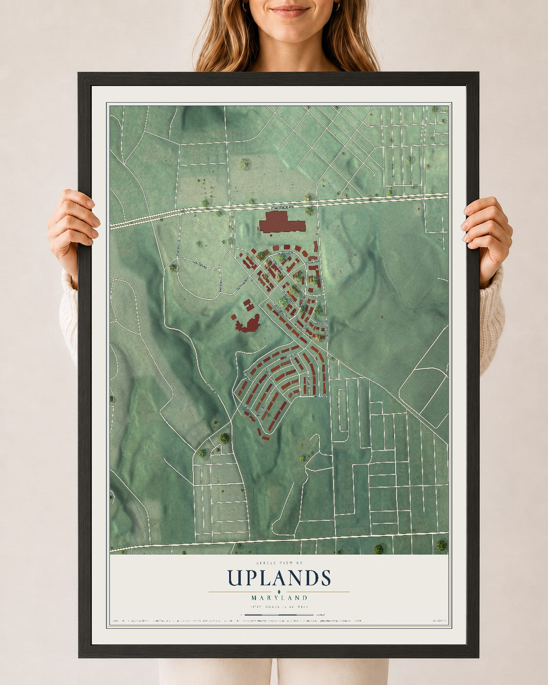 Map of Uplands, Maryland, 24 x 36 inch print in a black wood frame