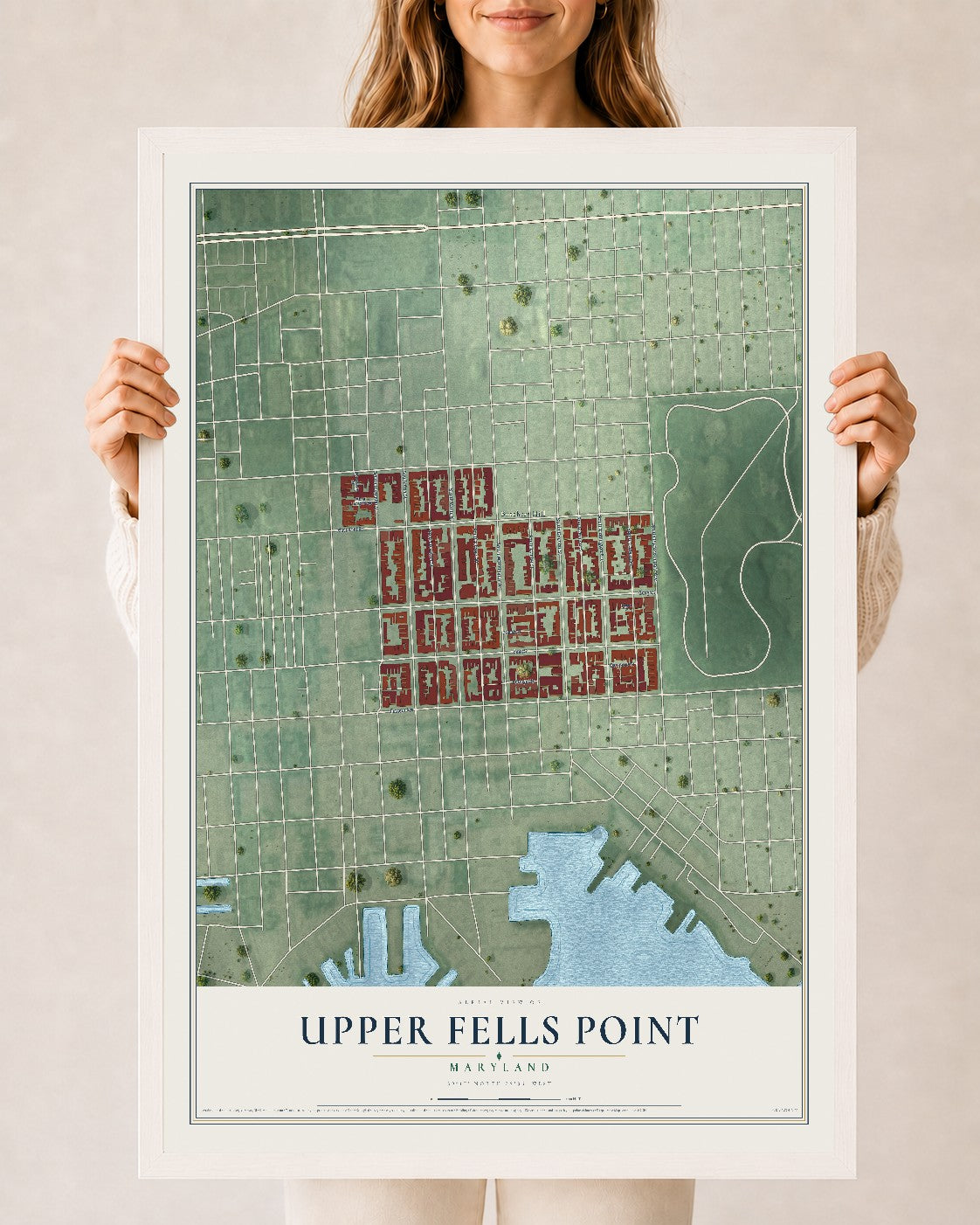 Map of Upper Fells Point, Maryland, 24 x 36 inch print in a white wood frame