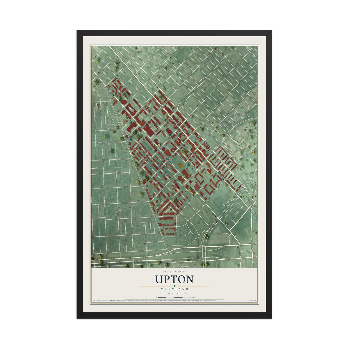 Map of Upton, Maryland, 12 x 18 inch print in a black wood frame