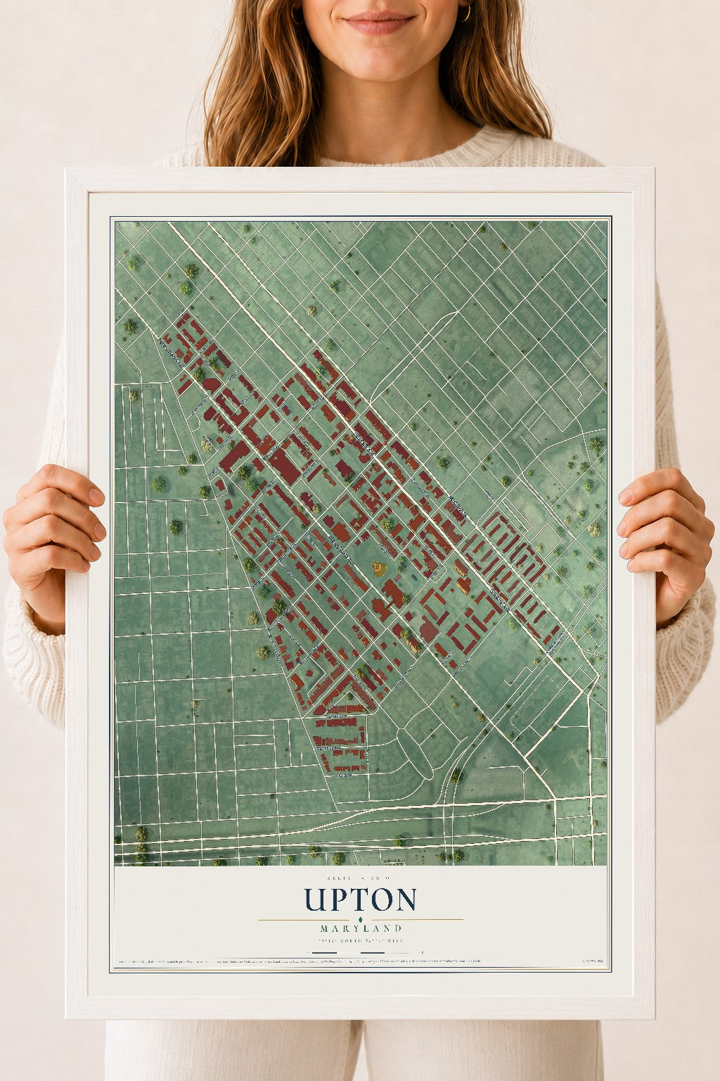 Map of Upton, Maryland, 18 x 24 inch print in a white wood frame