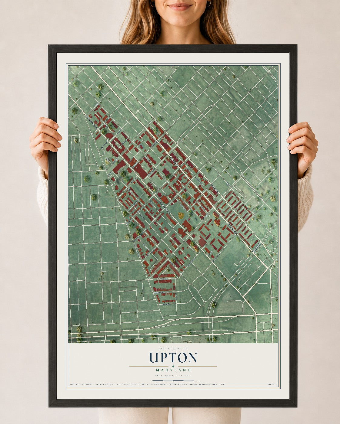 Map of Upton, Maryland, 24 x 36 inch print in a black wood frame