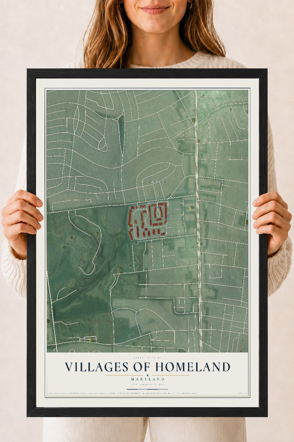 Map of Villages of Homeland, Maryland, 18 x 24 inch print in a black wood frame