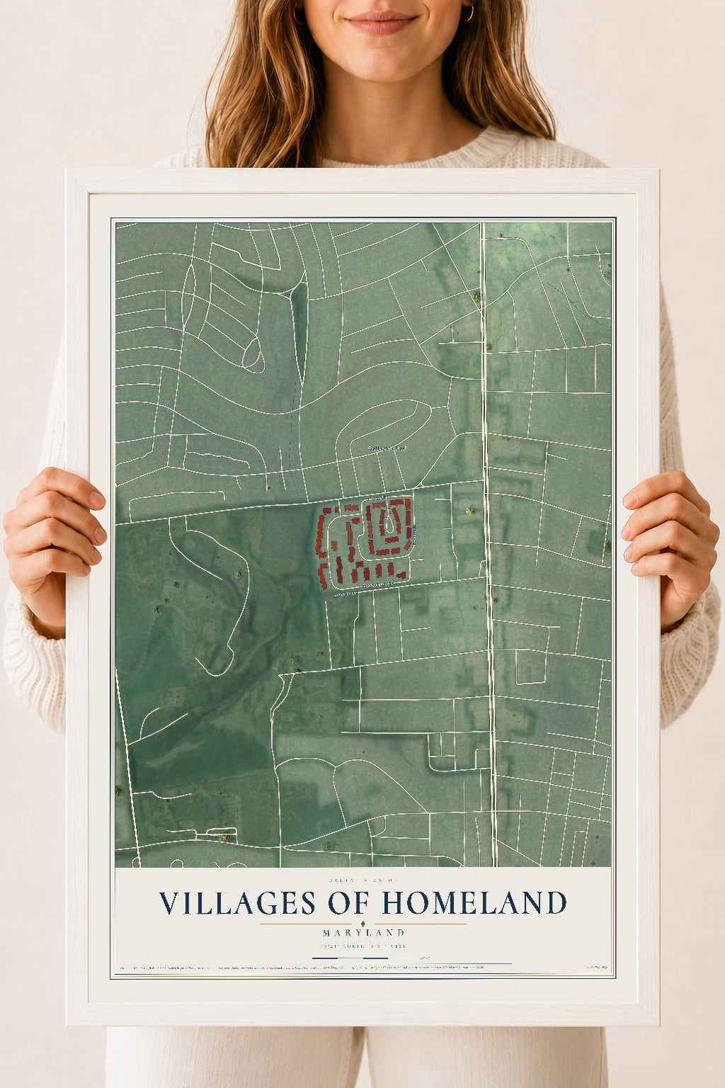 Map of Villages of Homeland, Maryland, 18 x 24 inch print in a white wood frame