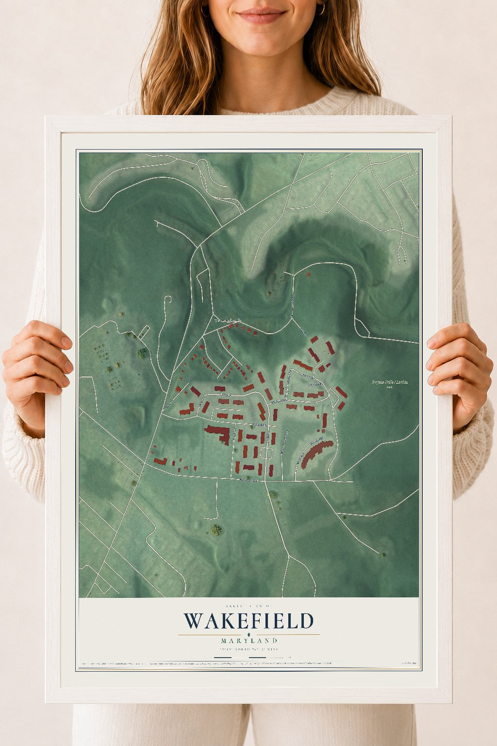 Map of Wakefield, Maryland, 18 x 24 inch print in a white wood frame