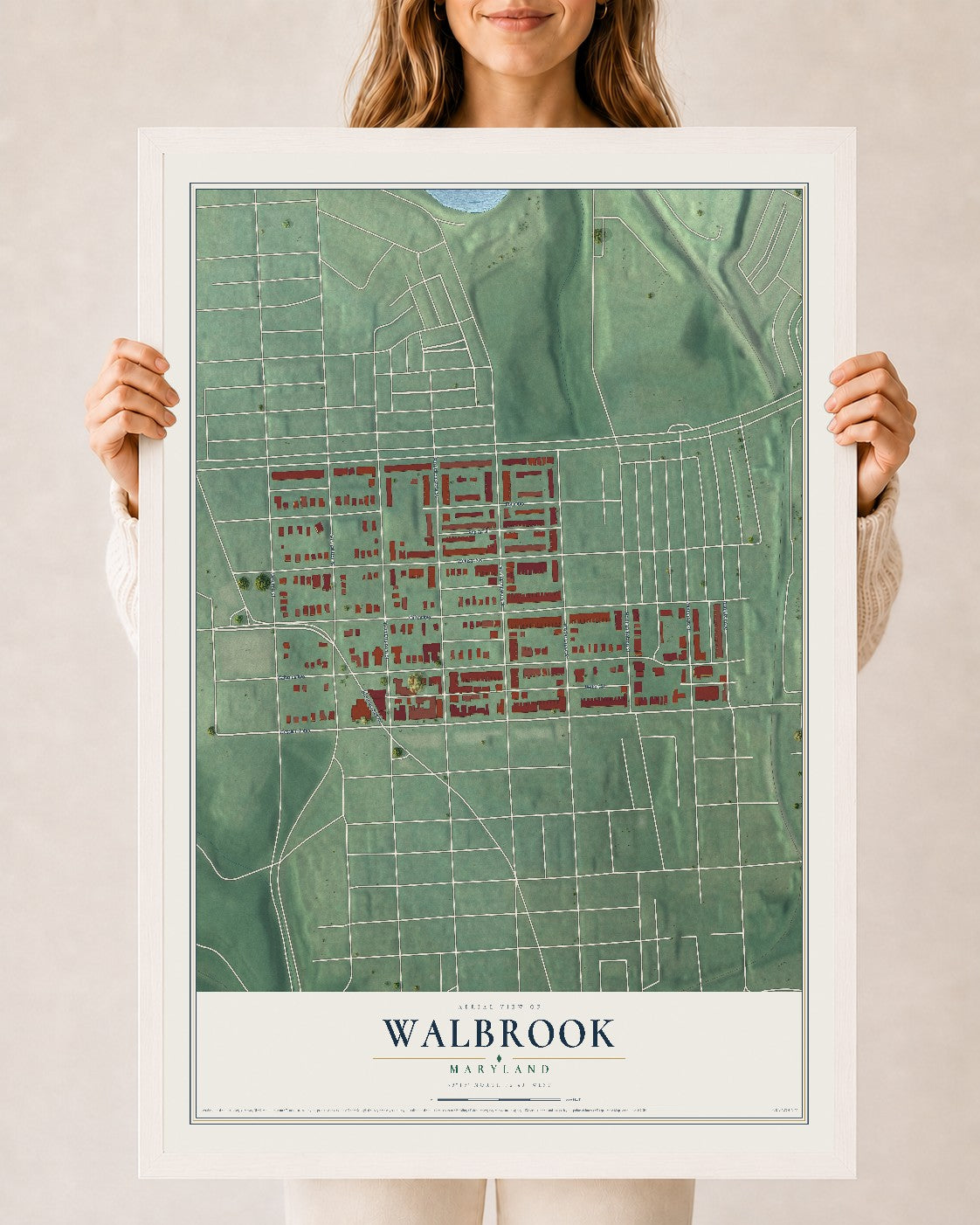 Map of Walbrook, Maryland, 24 x 36 inch print in a white wood frame