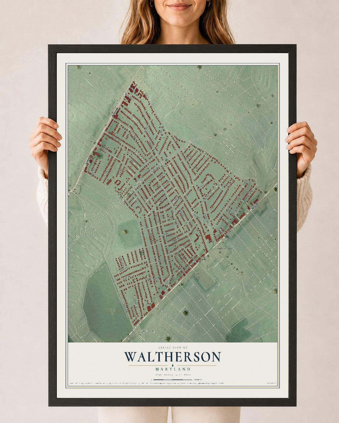 Map of Waltherson, Maryland, 24 x 36 inch print in a black wood frame