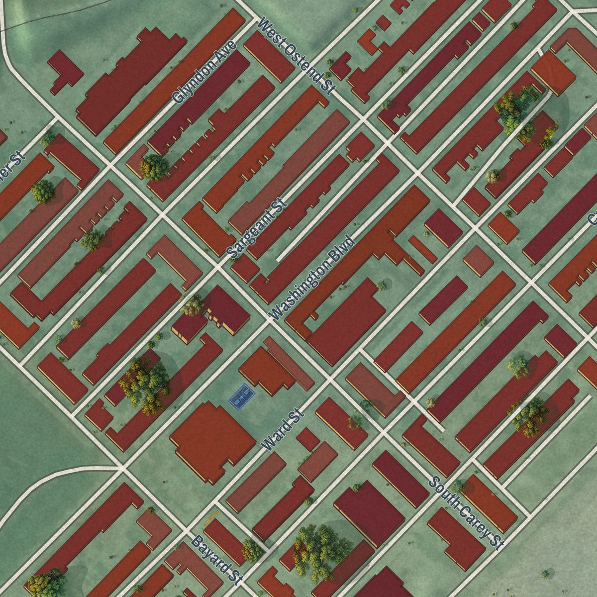 Second close-up of the map of Washington Village-Pigtown, Maryland print showing more streets and buildings