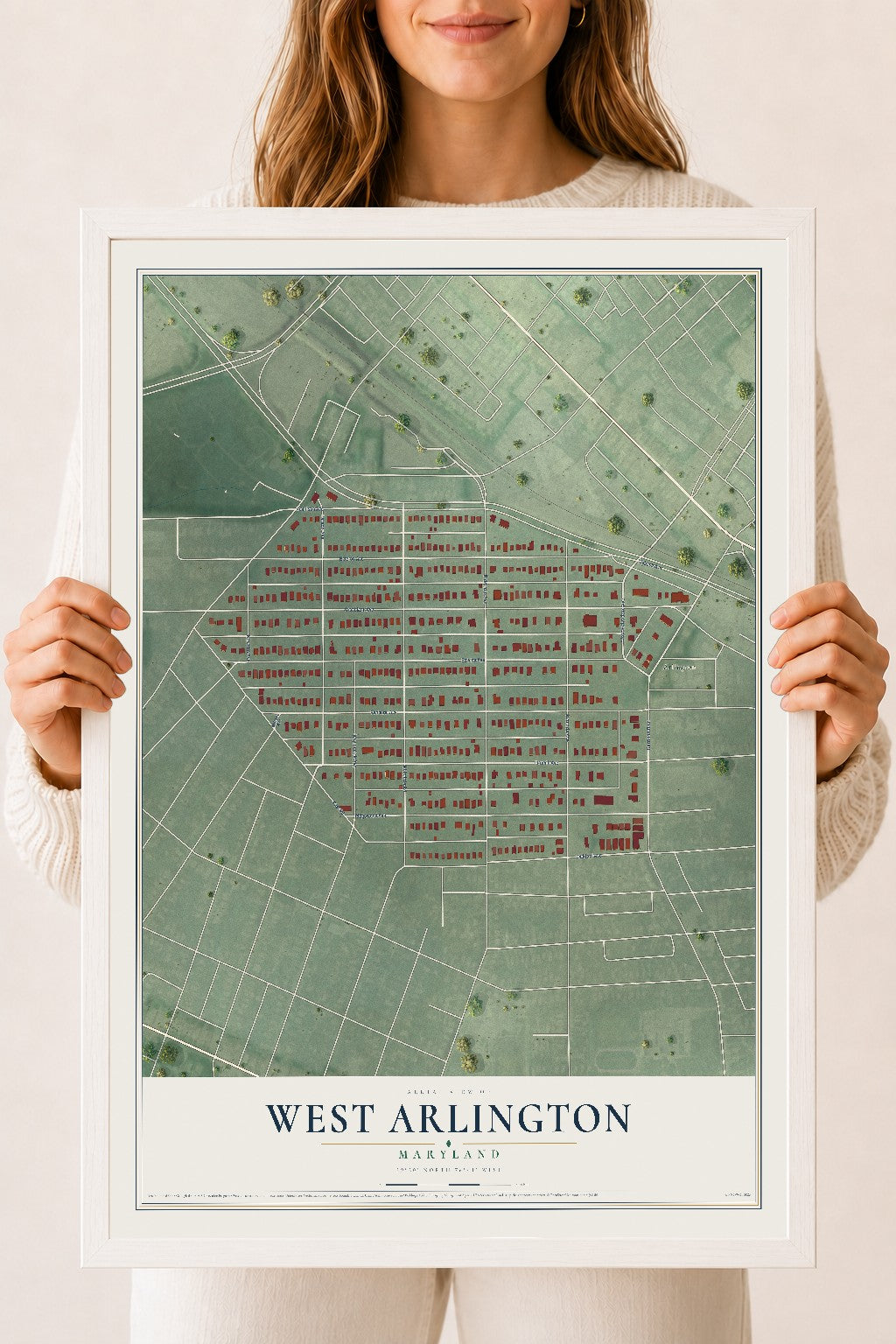 Map of West Arlington, Maryland, 18 x 24 inch print in a white wood frame