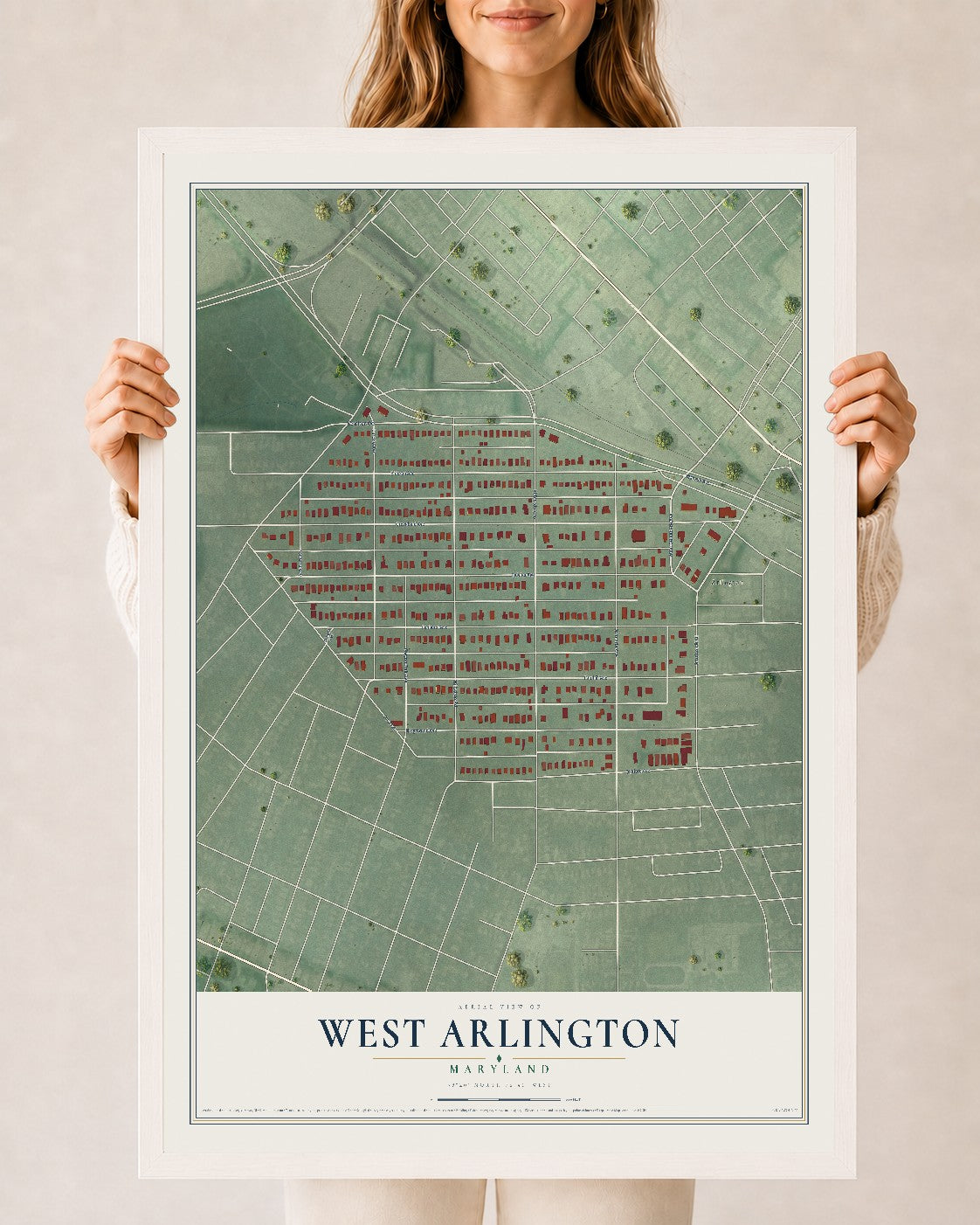 Map of West Arlington, Maryland, 24 x 36 inch print in a white wood frame
