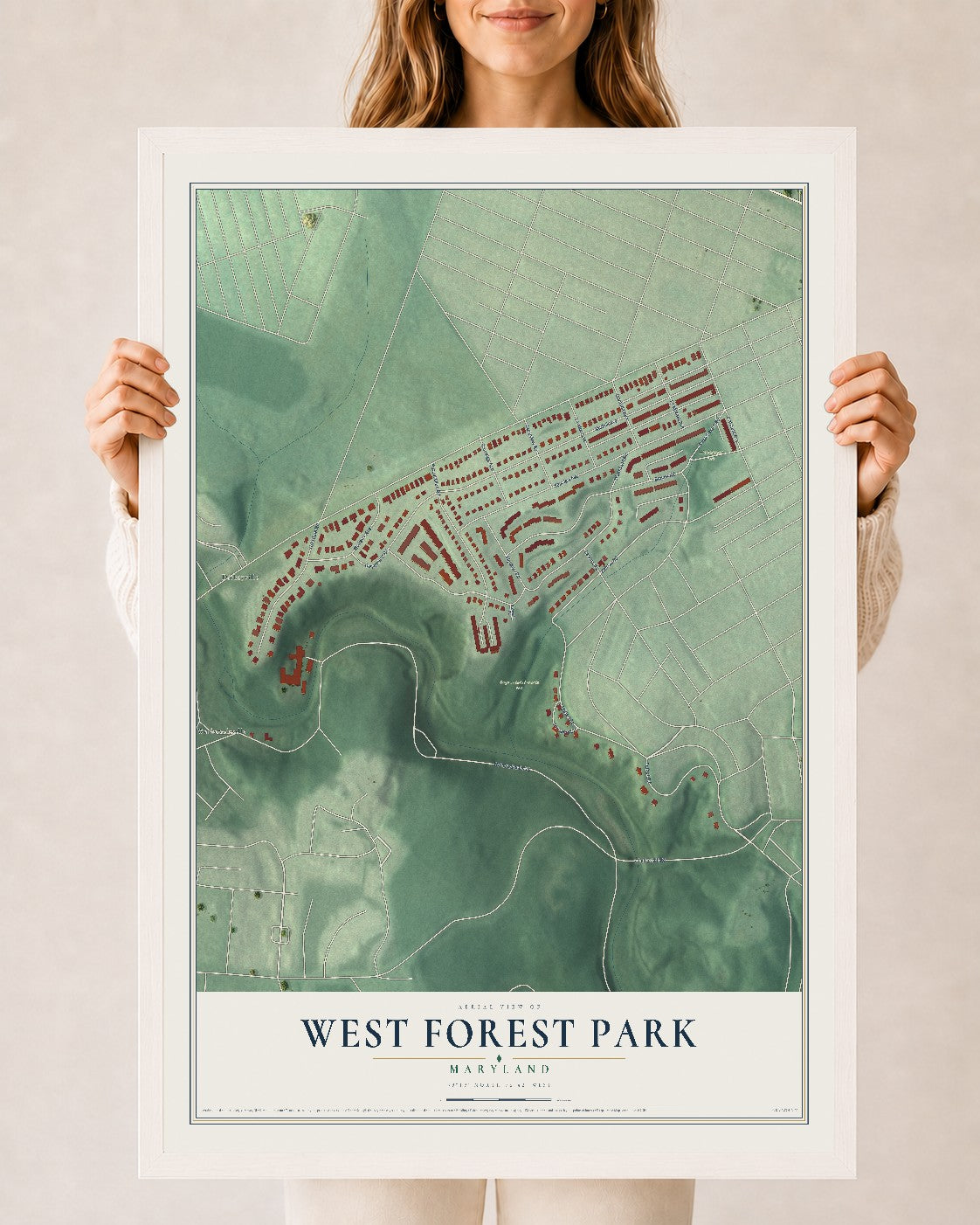 Map of West Forest Park, Maryland, 24 x 36 inch print in a white wood frame