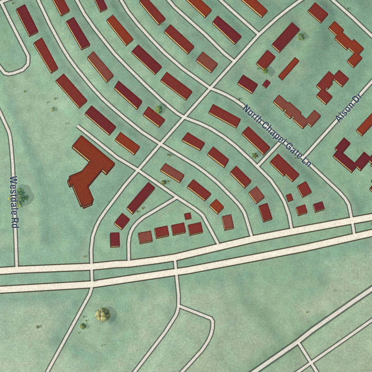 Close-up of the map of West Hills, Maryland print showing street and building detail