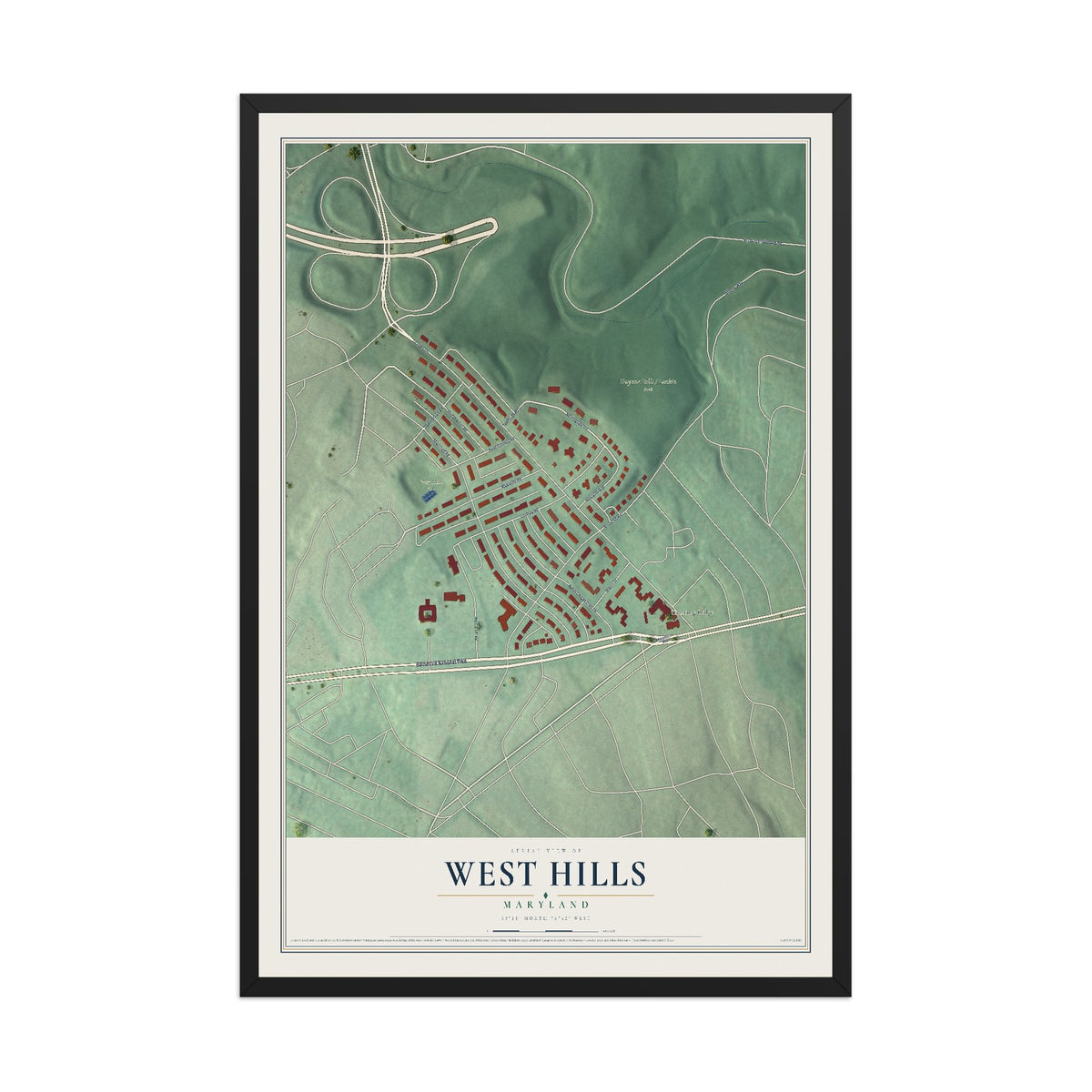 Map of West Hills, Maryland, 12 x 18 inch print in a black wood frame