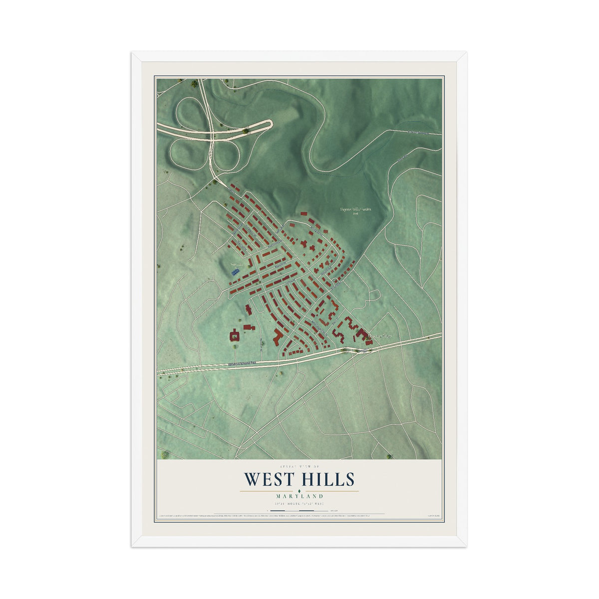 Map of West Hills, Maryland, 12 x 18 inch print in a white wood frame