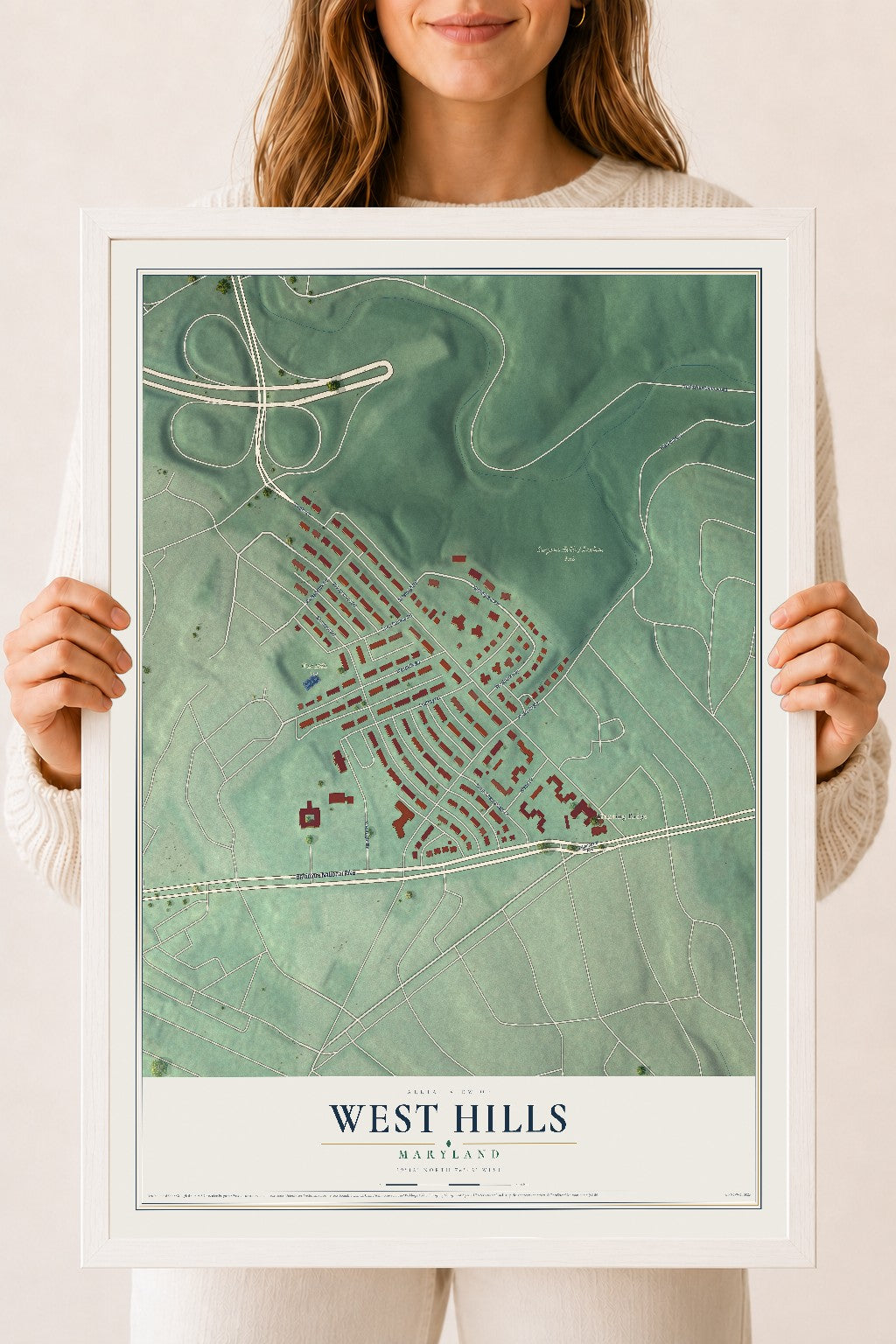 Map of West Hills, Maryland, 18 x 24 inch print in a white wood frame
