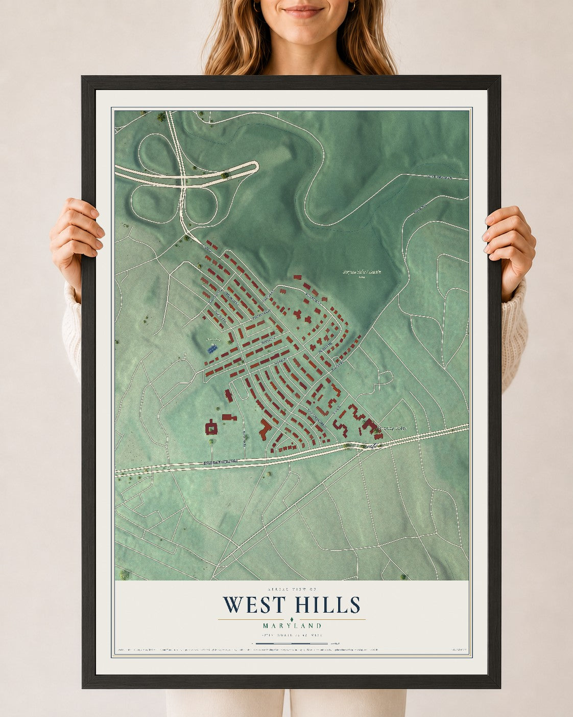 Map of West Hills, Maryland, 24 x 36 inch print in a black wood frame