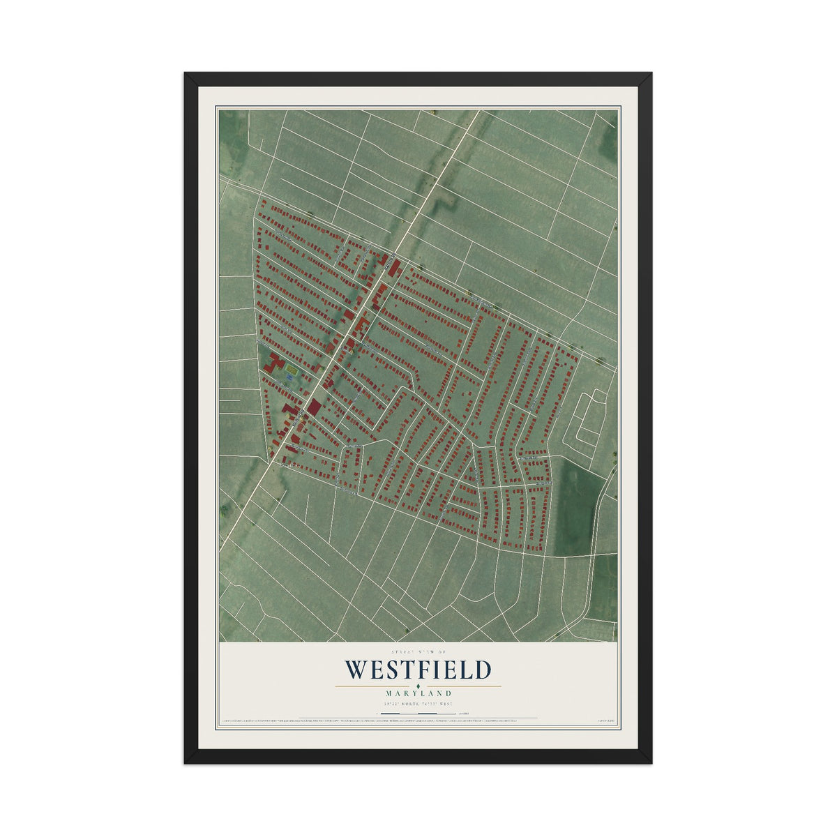 Map of Westfield, Maryland, 12 x 18 inch print in a black wood frame