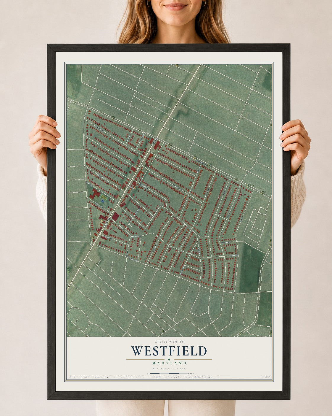 Map of Westfield, Maryland, 24 x 36 inch print in a black wood frame