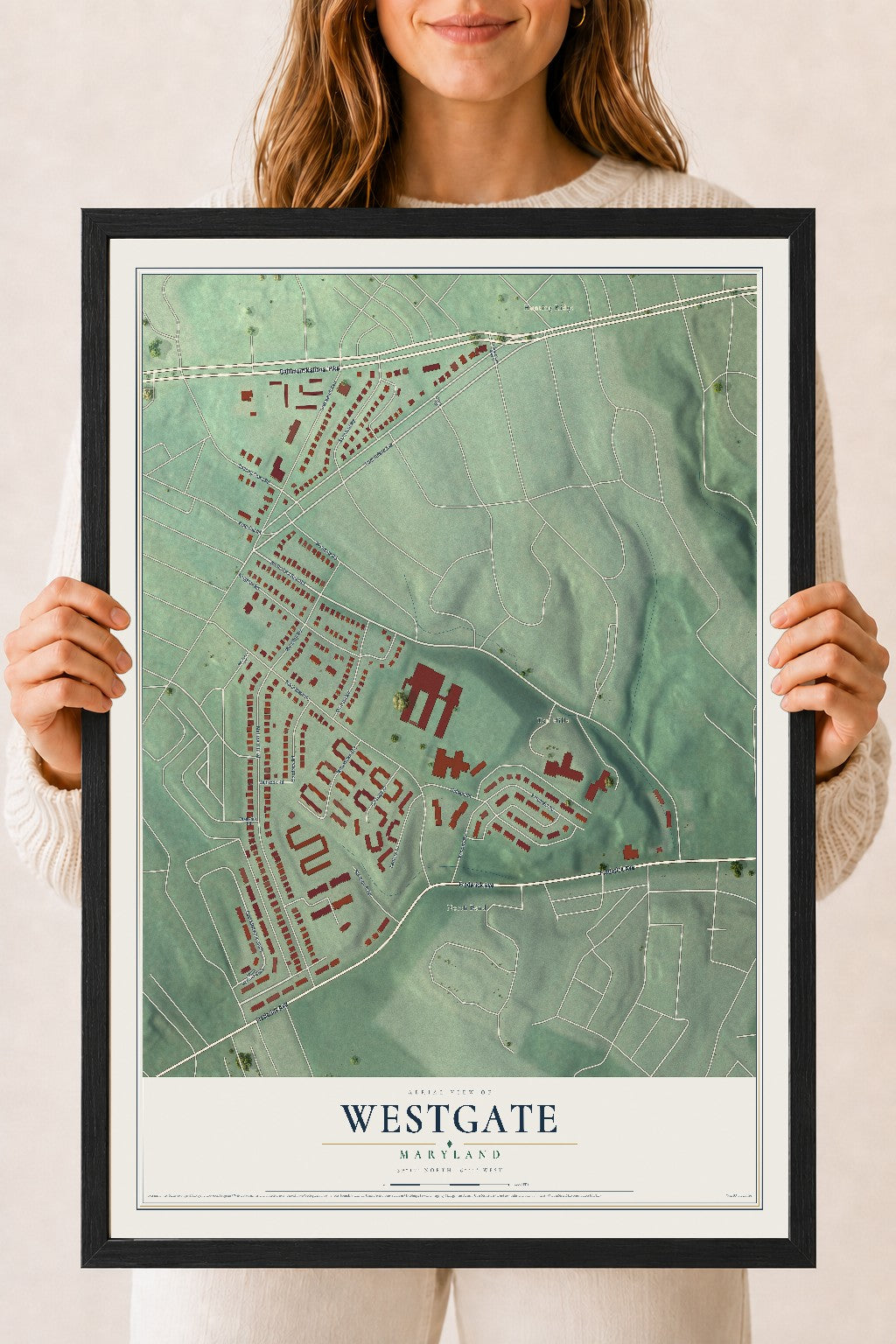 Map of Westgate, Maryland, 18 x 24 inch print in a black wood frame