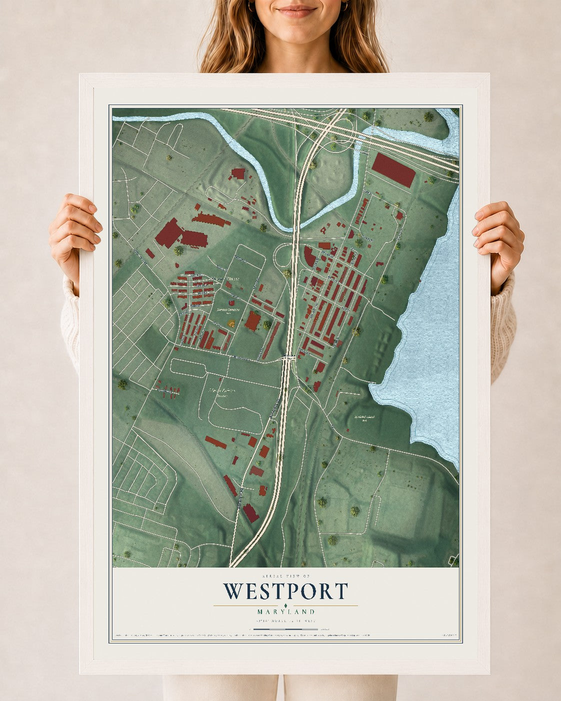 Map of Westport, Maryland, 24 x 36 inch print in a white wood frame