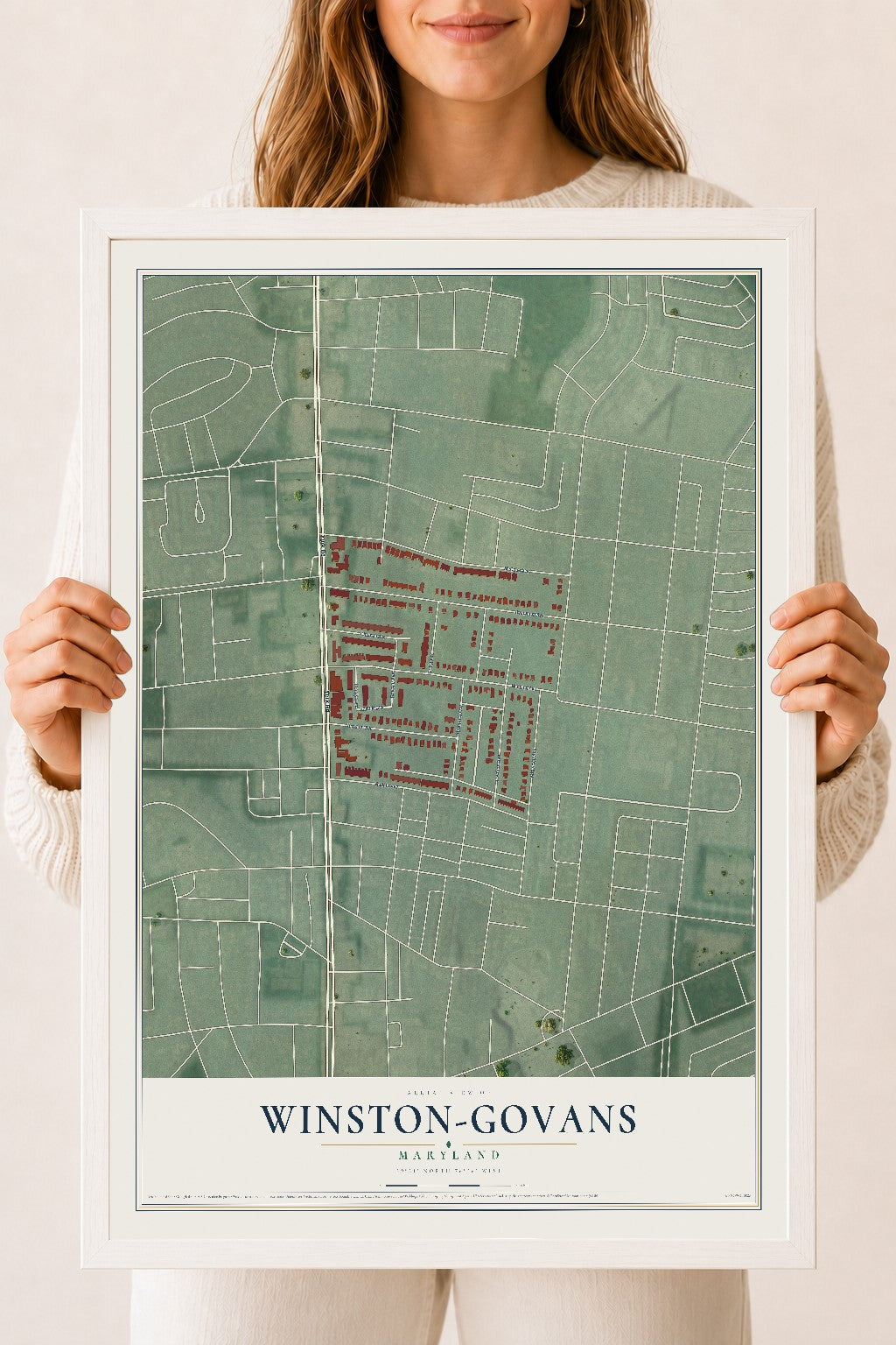 Map of Winston-Govans, Maryland, 18 x 24 inch print in a white wood frame