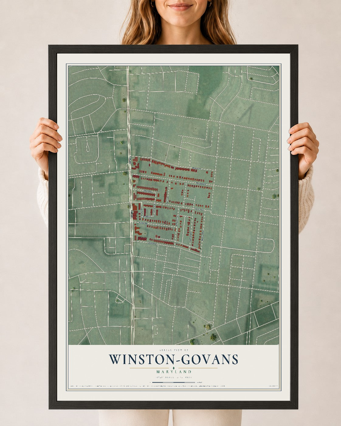 Map of Winston-Govans, Maryland, 24 x 36 inch print in a black wood frame