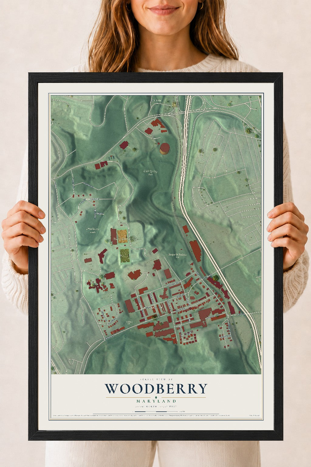 Map of Woodberry, Maryland, 18 x 24 inch print in a black wood frame