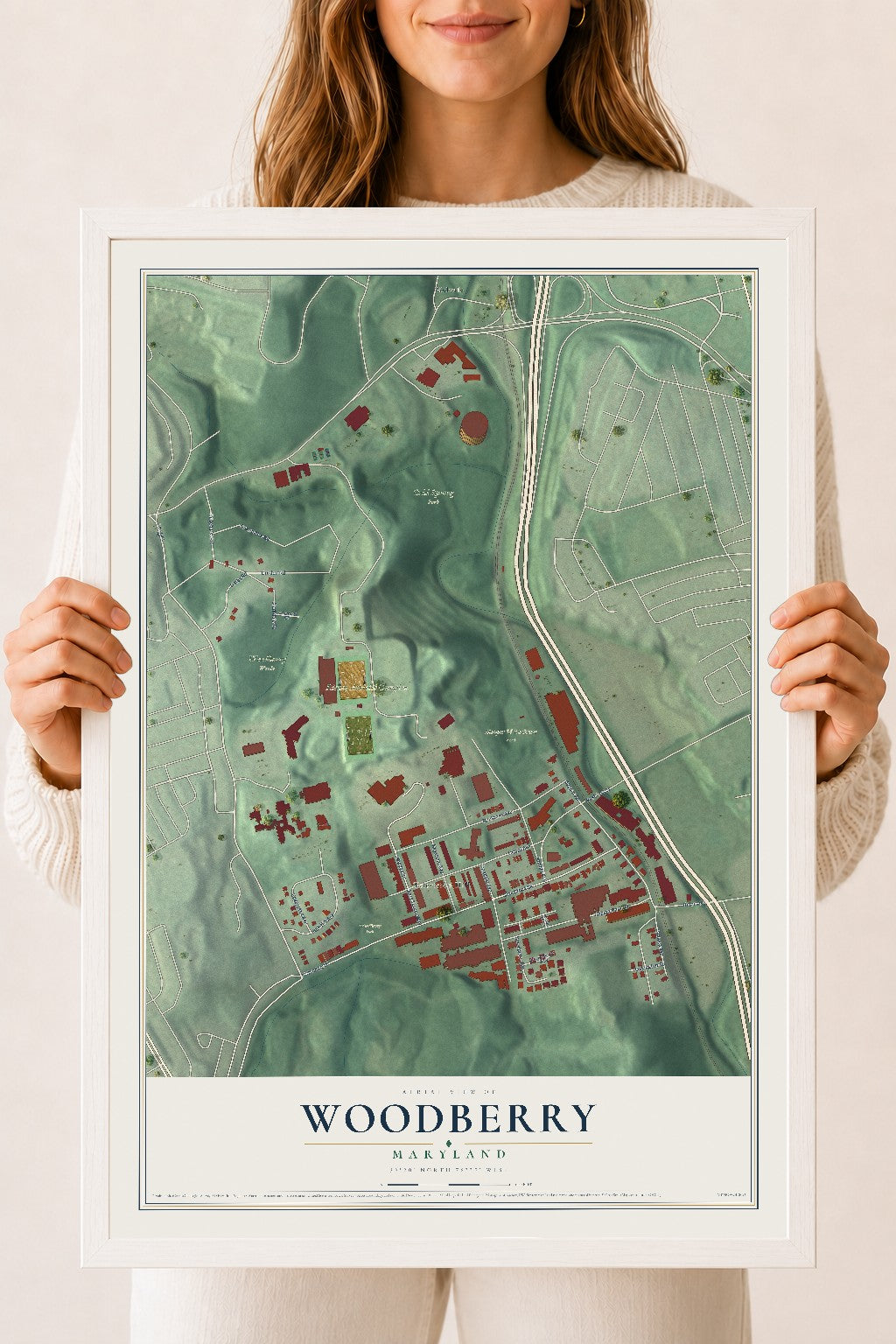 Map of Woodberry, Maryland, 18 x 24 inch print in a white wood frame