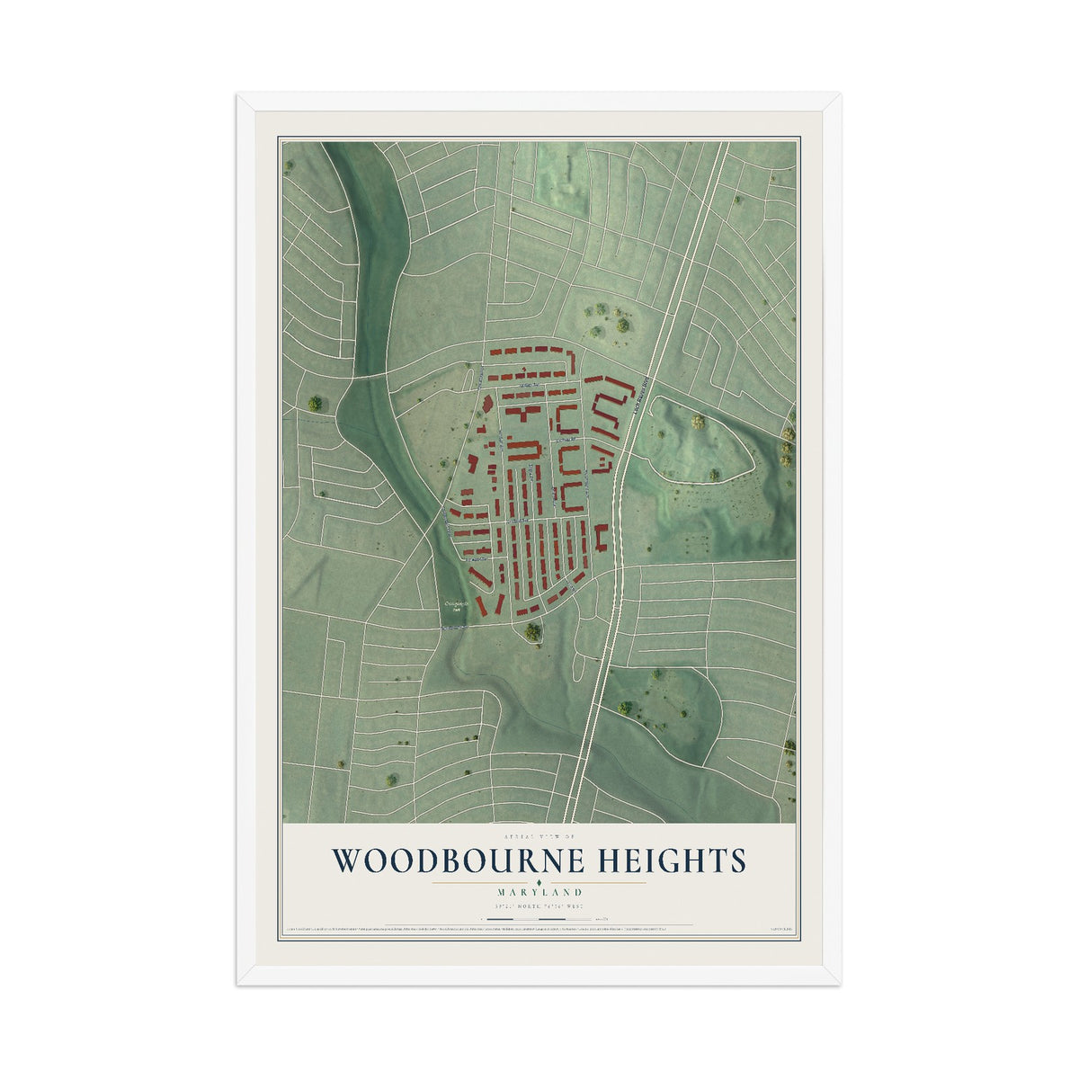 Map of Woodbourne Heights, Maryland, 12 x 18 inch print in a white wood frame