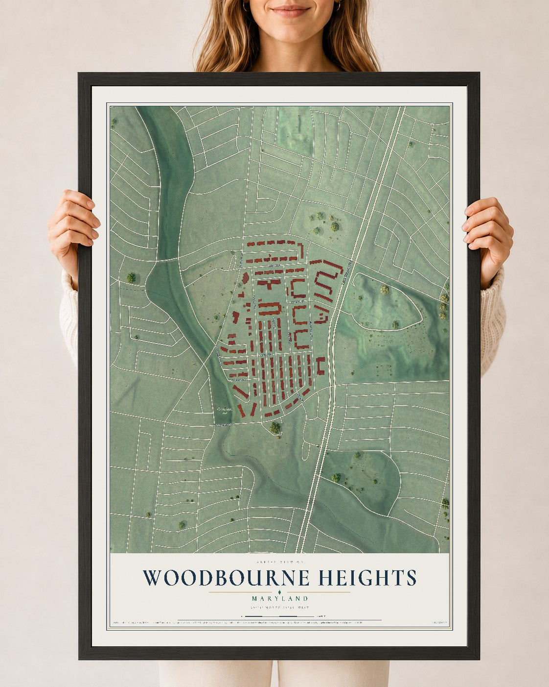 Map of Woodbourne Heights, Maryland, 24 x 36 inch print in a black wood frame