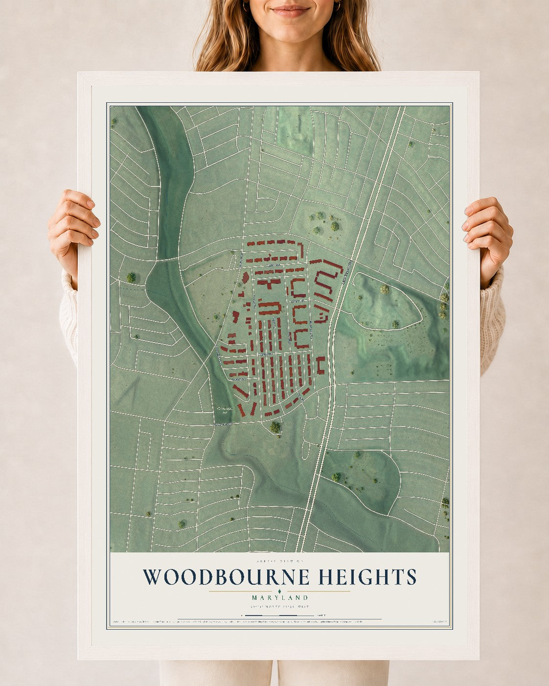 Map of Woodbourne Heights, Maryland, 24 x 36 inch print in a white wood frame
