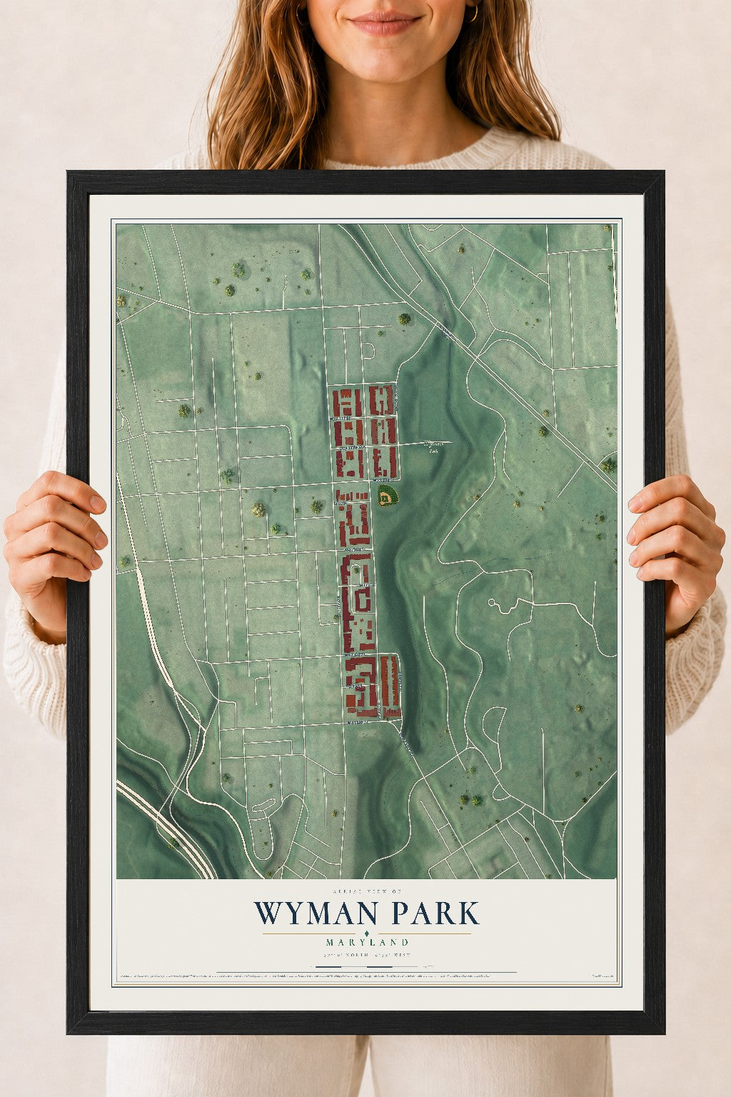 Map of Wyman Park, Maryland, 18 x 24 inch print in a black wood frame