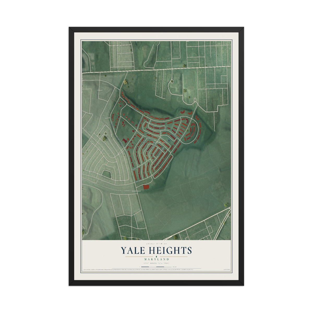Map of Yale Heights, Maryland, 12 x 18 inch print in a black wood frame