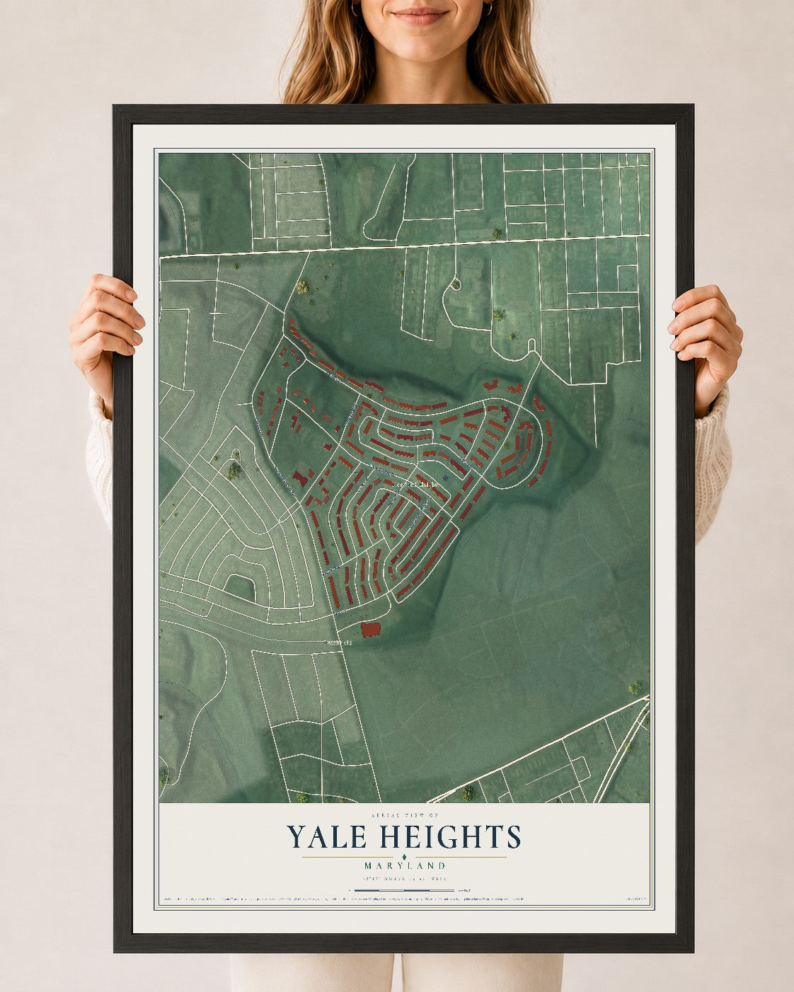 Map of Yale Heights, Maryland, 24 x 36 inch print in a black wood frame