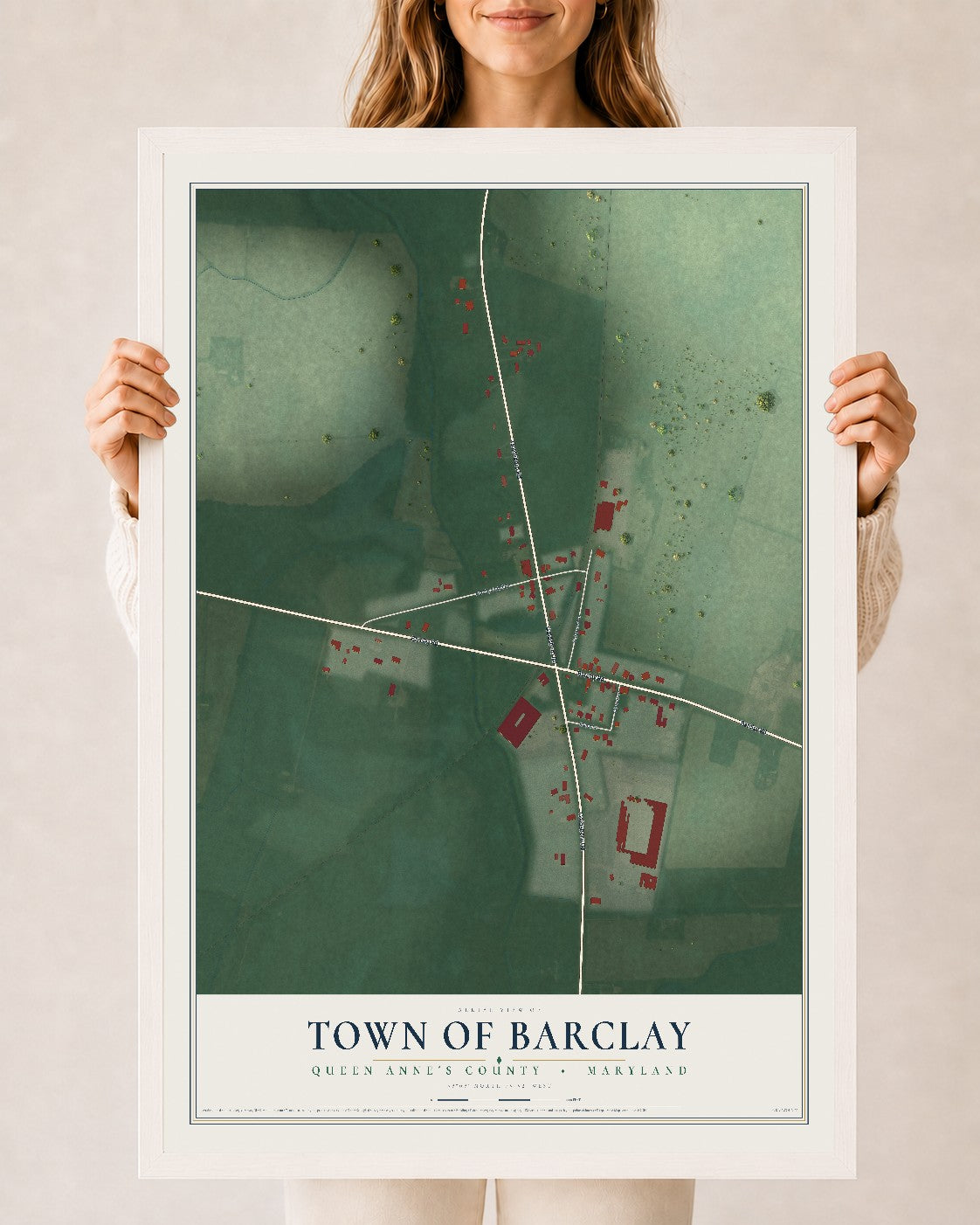 Map of Barclay, Maryland, 24 x 36 inch print in a white wood frame