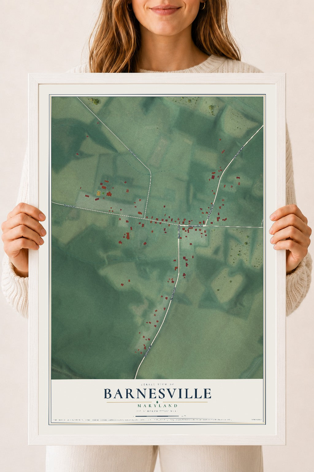 Map of Barnesville, Maryland, 18 x 24 inch print in a white wood frame